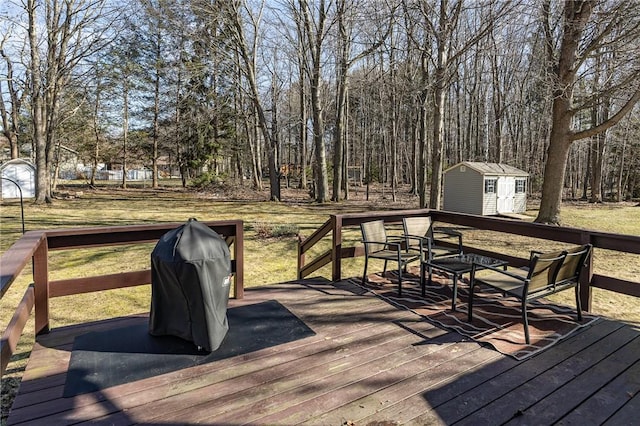 deck featuring a shed and an outdoor structure