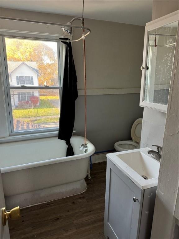 full bathroom with toilet, wood finished floors, a soaking tub, walk in shower, and vanity