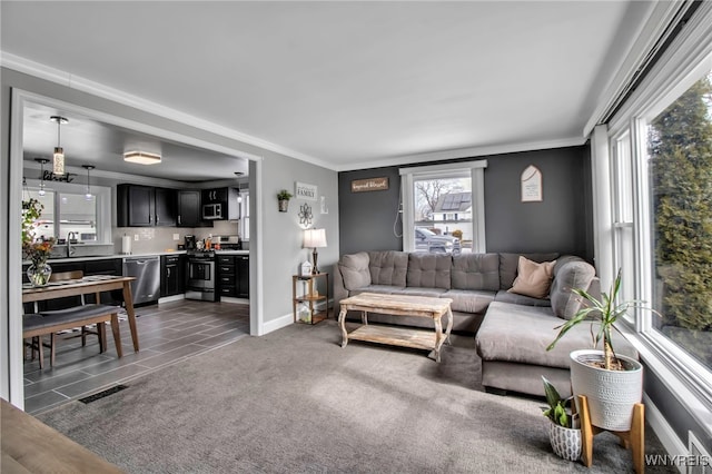 carpeted living area featuring visible vents, a sink, baseboards, and ornamental molding