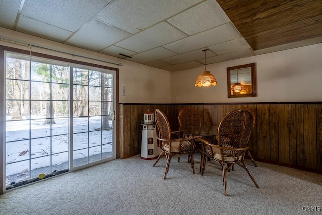 dining space with carpet floors, a paneled ceiling, wood walls, and wainscoting