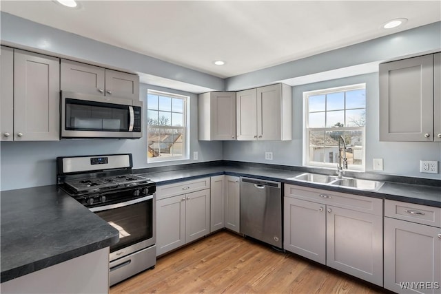 kitchen with dark countertops, gray cabinetry, appliances with stainless steel finishes, and a sink