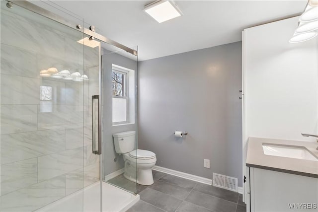 full bathroom with visible vents, a shower stall, baseboards, toilet, and vanity