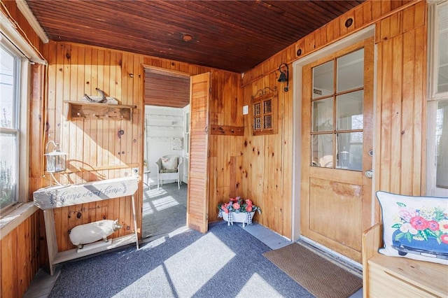 interior space featuring wooden ceiling, wooden walls, and carpet floors