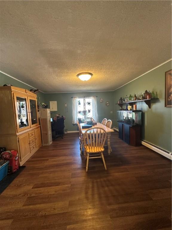 dining room with dark wood finished floors, baseboard heating, and a textured ceiling