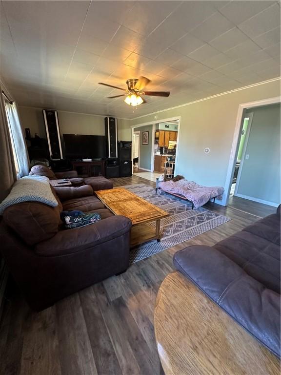 living area with a ceiling fan and wood finished floors