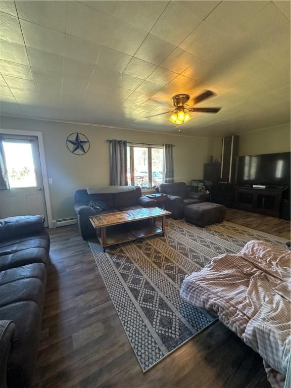 living room with ceiling fan, wood finished floors, a wealth of natural light, and a baseboard radiator