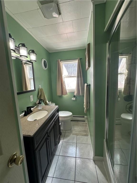 bathroom featuring visible vents, a stall shower, toilet, and vanity