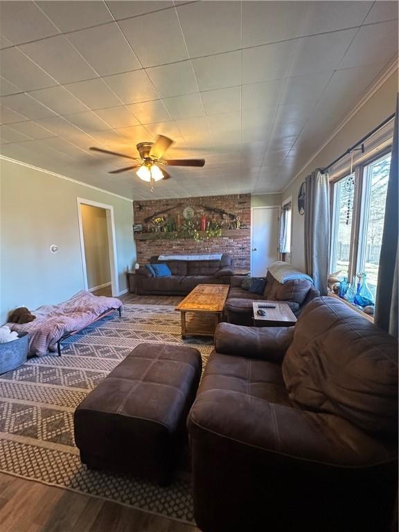 living area with ornamental molding, a ceiling fan, and wood finished floors