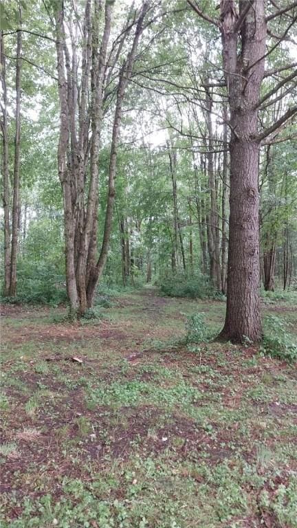 exterior space featuring a wooded view