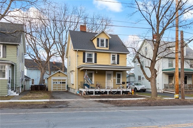 american foursquare style home featuring a detached garage, aphalt driveway, a porch, a chimney, and an outbuilding