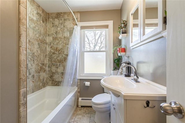 bathroom with baseboard heating, vanity, toilet, and shower / tub combo