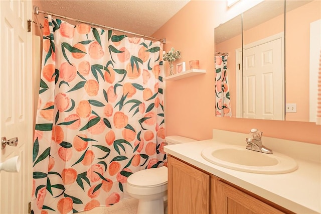 full bath with a shower with shower curtain, a textured ceiling, vanity, and toilet