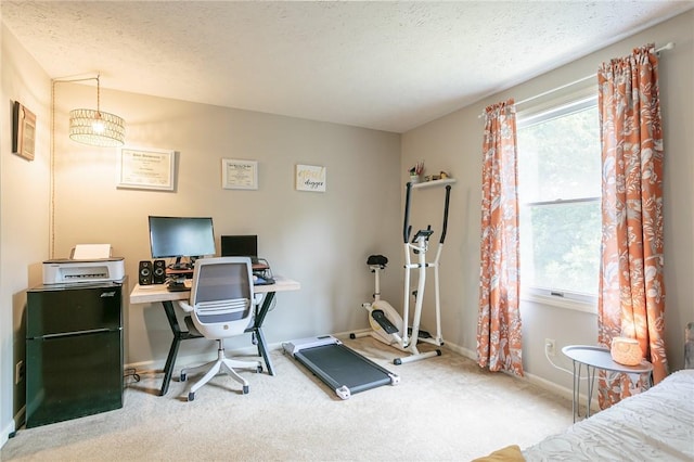 carpeted office with baseboards and a textured ceiling