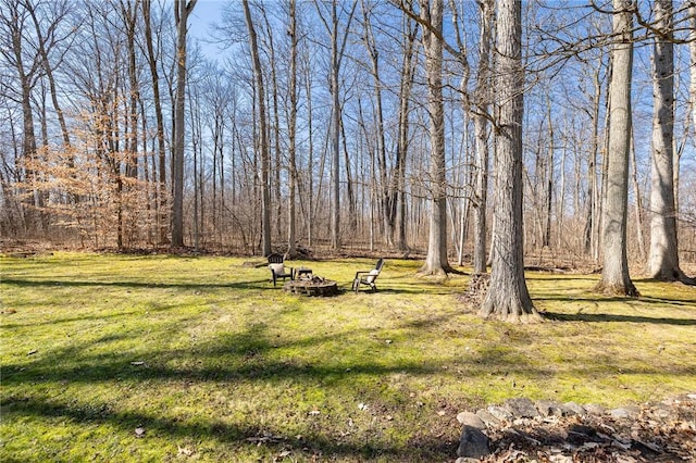 view of yard with a fire pit and a forest view