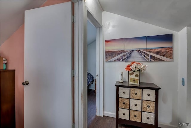 hallway featuring wood finished floors and vaulted ceiling