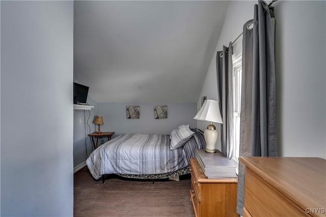 bedroom featuring wood finished floors and vaulted ceiling