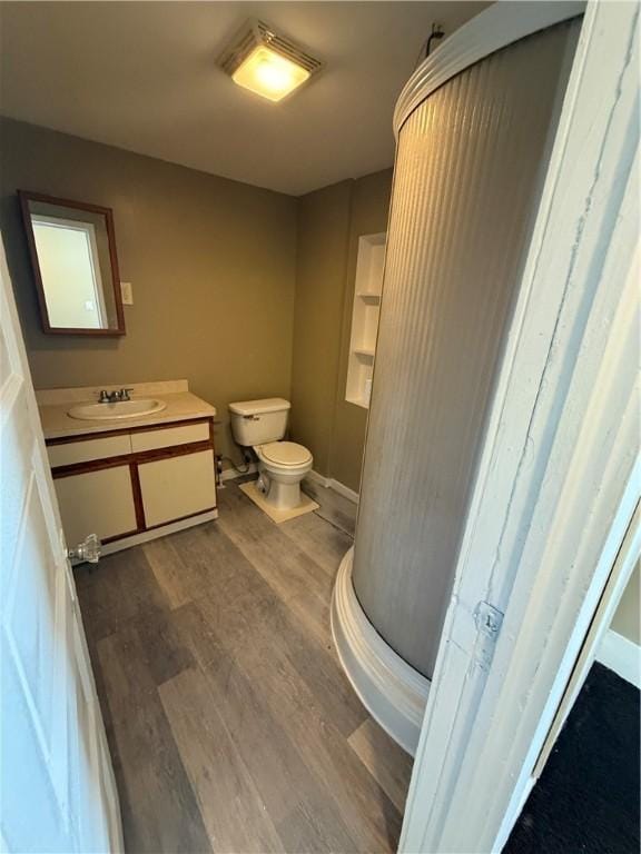 bathroom featuring toilet, vanity, baseboards, and wood finished floors