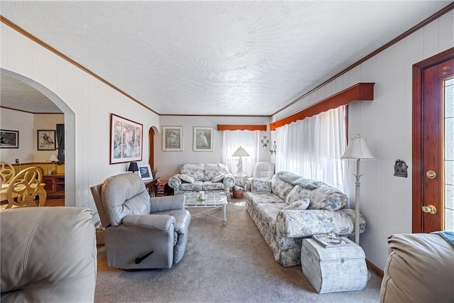 carpeted living area featuring crown molding, arched walkways, and a textured ceiling