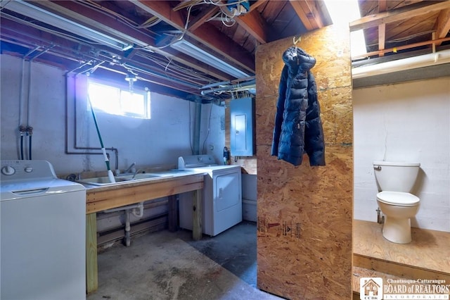 clothes washing area featuring laundry area, electric panel, independent washer and dryer, and a sink