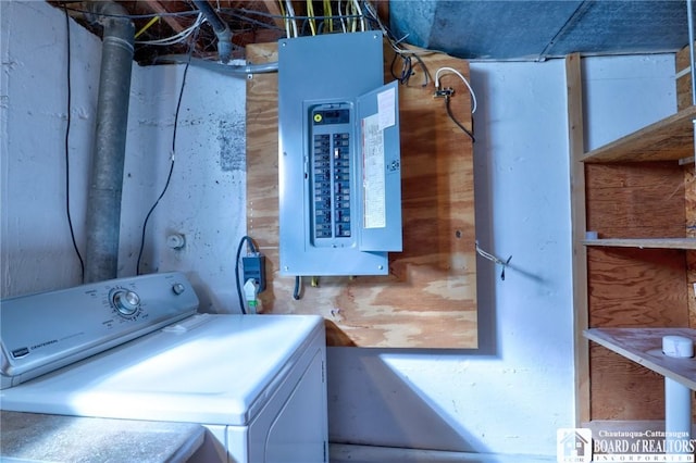 laundry area featuring electric panel, washer / dryer, and laundry area