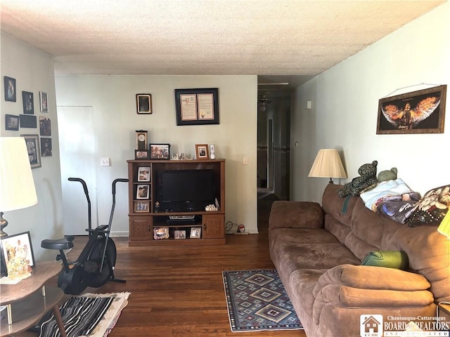 living area featuring a textured ceiling and dark wood-style flooring