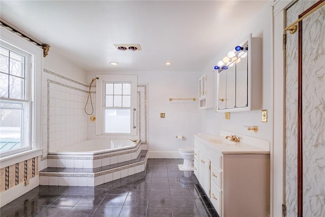 full bathroom with visible vents, toilet, tile patterned flooring, baseboards, and vanity