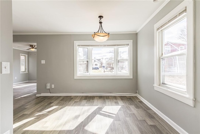 unfurnished dining area with wood finished floors, baseboards, a wealth of natural light, and ornamental molding