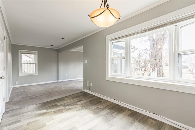 spare room featuring light wood-type flooring, baseboards, and ornamental molding