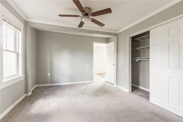 unfurnished bedroom with carpet, baseboards, and ornamental molding