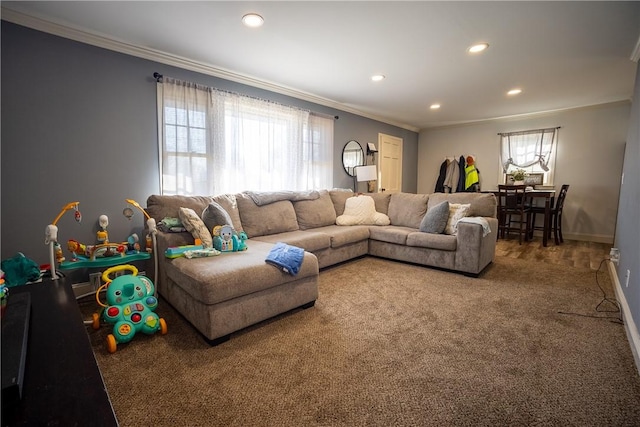 carpeted living room featuring recessed lighting, baseboards, and ornamental molding