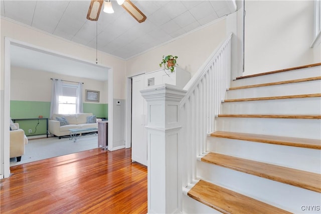 staircase with crown molding, ceiling fan, and wood finished floors