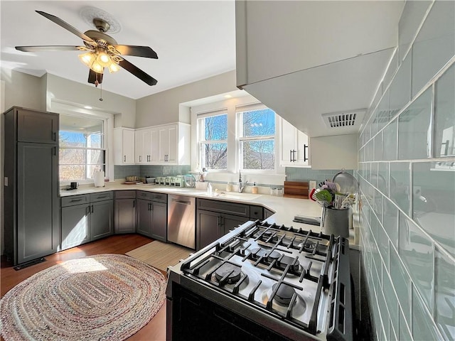 kitchen with range with gas stovetop, a sink, decorative backsplash, light countertops, and stainless steel dishwasher