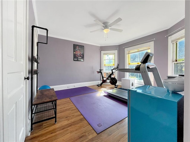 exercise area featuring baseboards, wood finished floors, a ceiling fan, and ornamental molding