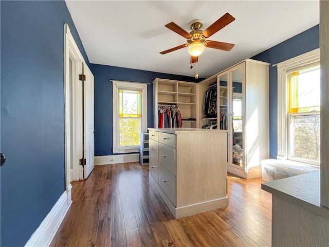 walk in closet with ceiling fan and dark wood-style flooring