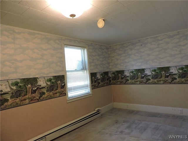 empty room with wallpapered walls, crown molding, baseboards, and a baseboard heating unit