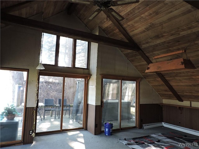 unfurnished living room with lofted ceiling with beams, carpet, wooden ceiling, and wainscoting