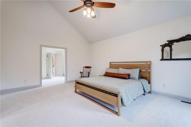 bedroom with visible vents, baseboards, carpet flooring, high vaulted ceiling, and a ceiling fan