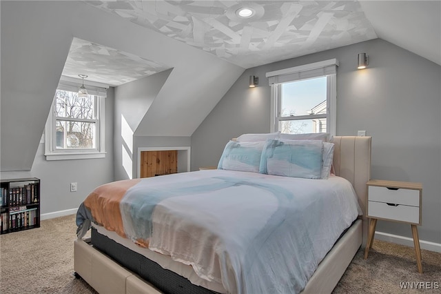 carpeted bedroom featuring baseboards, multiple windows, and lofted ceiling