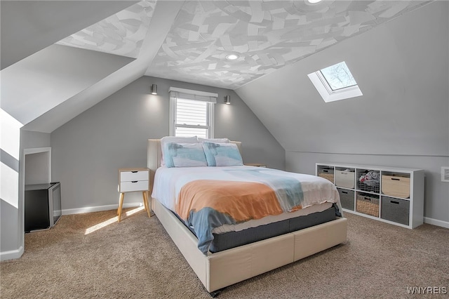 carpeted bedroom featuring baseboards and lofted ceiling