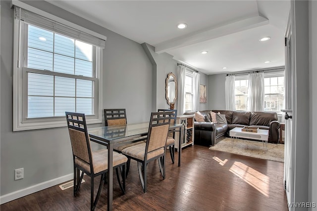 dining room featuring baseboards, visible vents, dark wood finished floors, beam ceiling, and recessed lighting