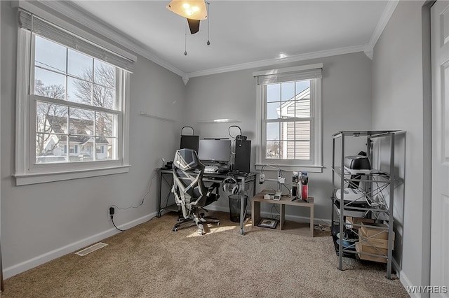 home office with visible vents, ornamental molding, a ceiling fan, carpet floors, and baseboards