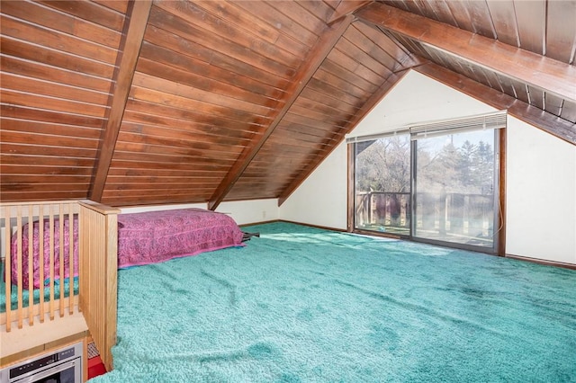 unfurnished bedroom featuring wood ceiling, baseboards, vaulted ceiling with beams, and carpet