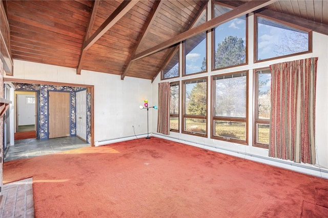 unfurnished living room with a baseboard heating unit, beamed ceiling, wood ceiling, carpet flooring, and high vaulted ceiling