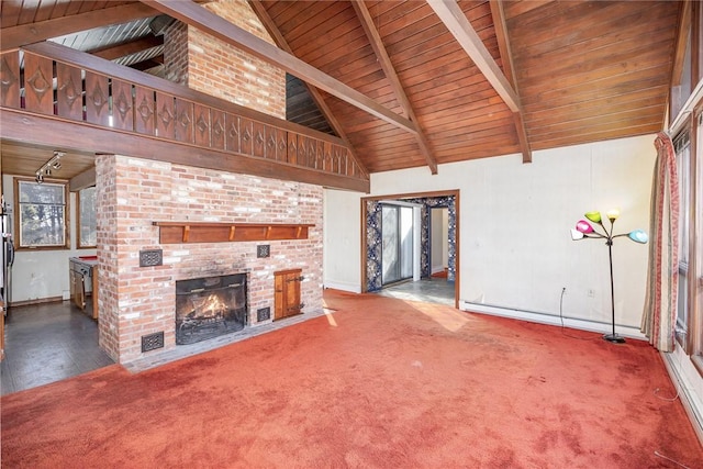 unfurnished living room featuring a brick fireplace, a baseboard heating unit, beamed ceiling, carpet flooring, and high vaulted ceiling