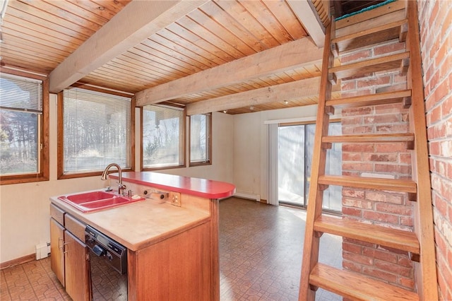 kitchen with brick wall, light floors, black dishwasher, beam ceiling, and a sink