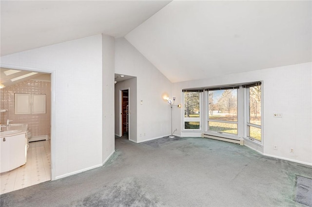 unfurnished living room featuring carpet flooring, baseboards, baseboard heating, and high vaulted ceiling