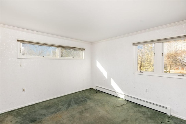 empty room with a healthy amount of sunlight, carpet, and a baseboard radiator