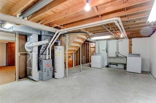 unfinished basement featuring a sink, heating unit, and water heater