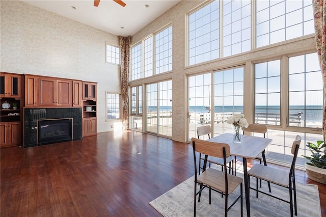 dining area featuring a beach view, a water view, a glass covered fireplace, a ceiling fan, and dark wood-style flooring