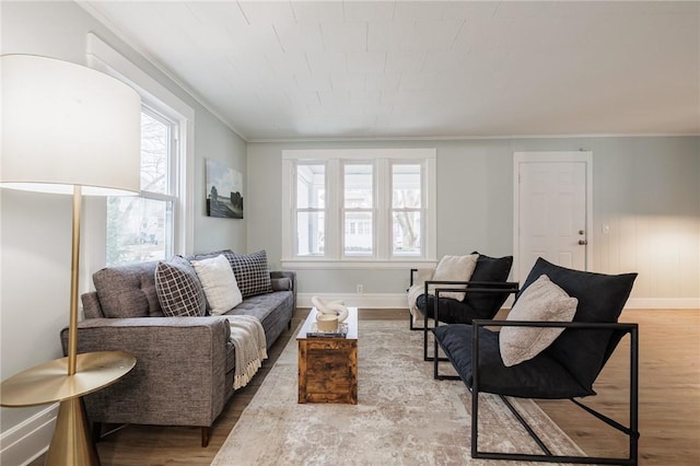 living area featuring crown molding, baseboards, and wood finished floors